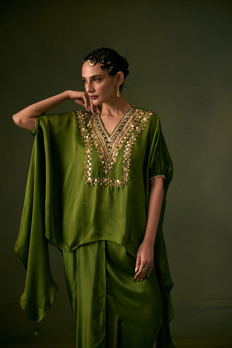 Cove Antifit Asymmetric Top with Pleated Skirt vegan satin, organza satin indo-western by PRAHNAAYA in green for women in Singapore