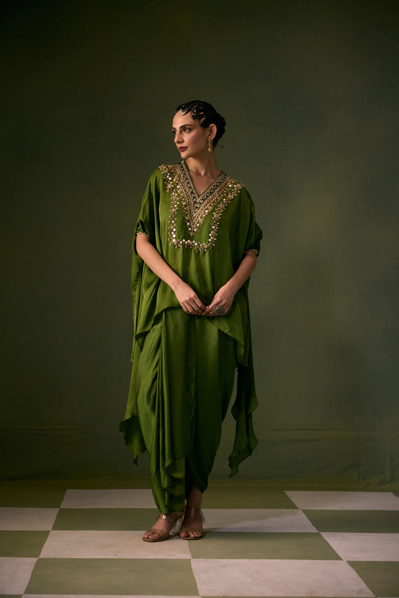 Cove Antifit Asymmetric Top with Pleated Skirt vegan satin, organza satin indo-western by PRAHNAAYA in green for women in Singapore