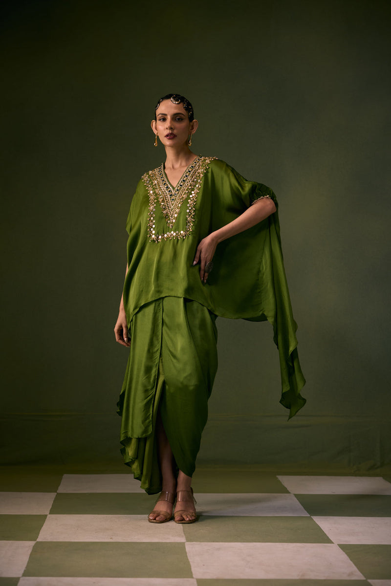 Cove Antifit Asymmetric Top with Pleated Skirt vegan satin, organza satin indo-western by PRAHNAAYA in green for women in Singapore