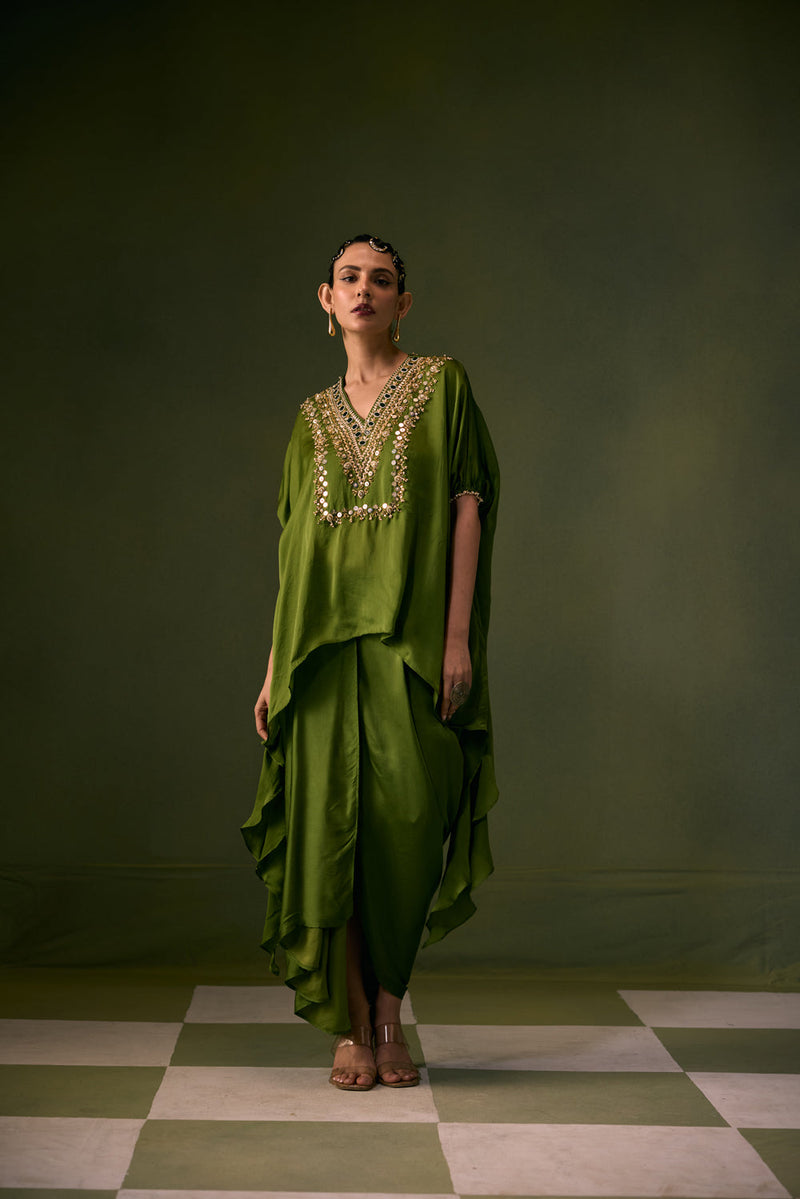 Cove Antifit Asymmetric Top with Pleated Skirt vegan satin, organza satin indo-western by PRAHNAAYA in green for women in Singapore