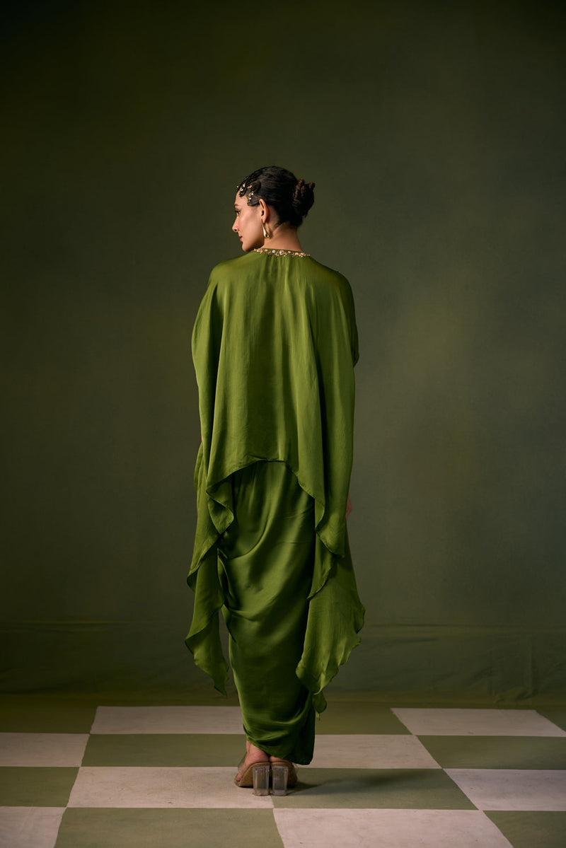Cove Antifit Asymmetric Top with Pleated Skirt vegan satin, organza satin indo-western by PRAHNAAYA in green for women in Singapore