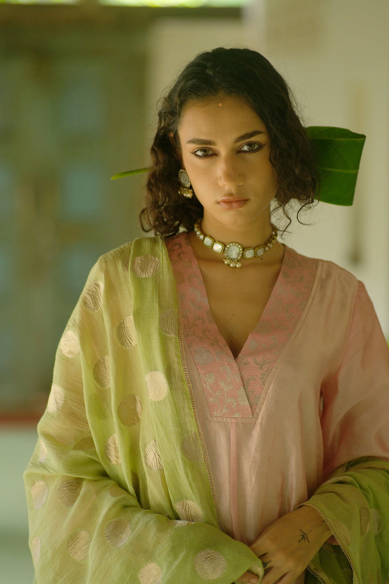 Saanjh Kurta Set dupion, chanderi silk kurta/kurta set by Myoho in pink for women in Singapore