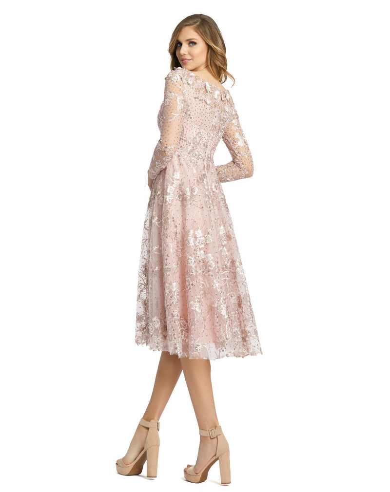 70229-Long Sleeve Floral Embroidered Tea Length Dress by Mac Duggal for women in Singapore