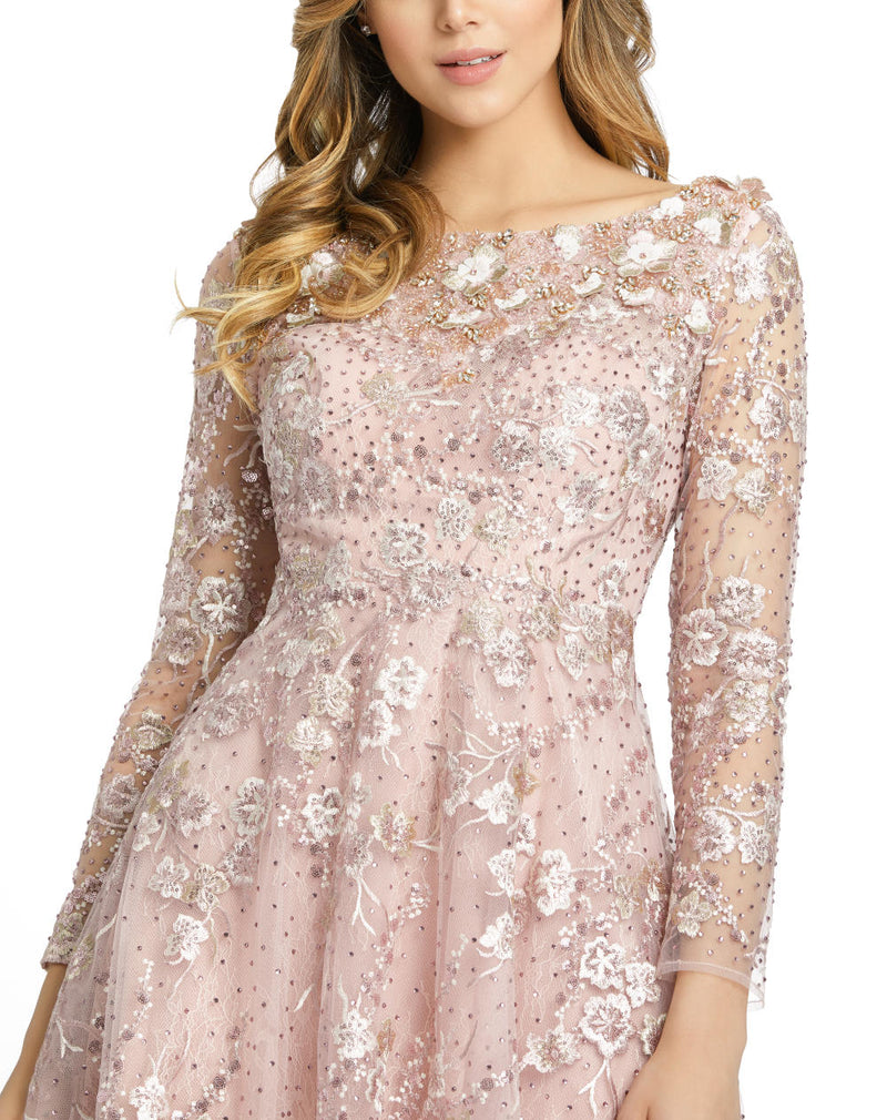 70229-Long Sleeve Floral Embroidered Tea Length Dress by Mac Duggal for women in Singapore