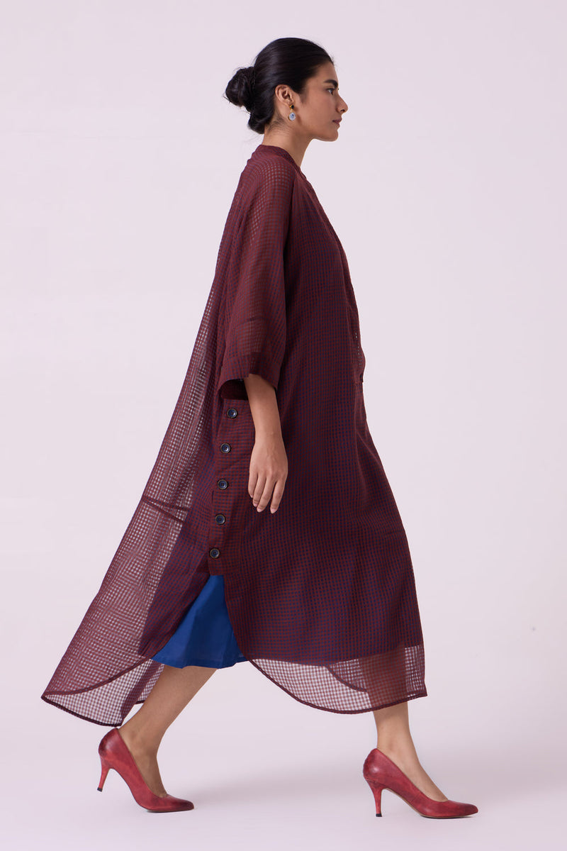 Fosco Blue Checkered HandwovenTunic handwoven silk cotton tunics/kaftan by The Summer House in blue for women in Singapore