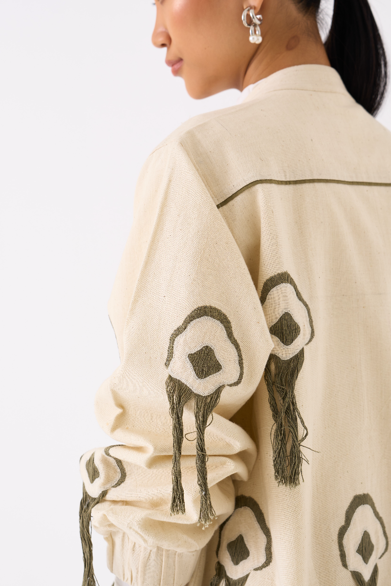 FRINGE BOMBER JACKET-IVORY by THREE in ivory color for women in Singapore