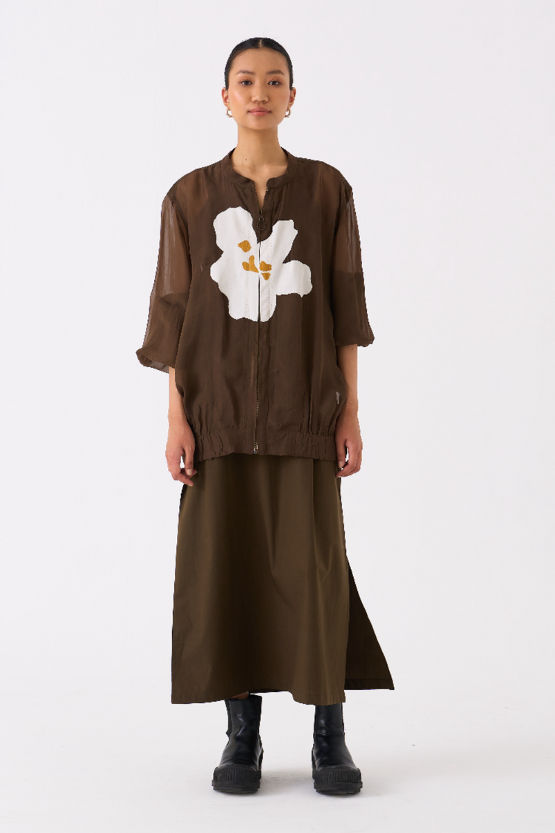 FLORAL APPLIQUE BOMBER JACKET-DARK OLIVE organza by THREE in olive color for women in Singapore