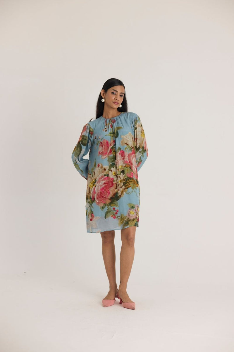 TAFFY EMBROIDERED SHORT DRESS by Yam in blue color for women in Singapore