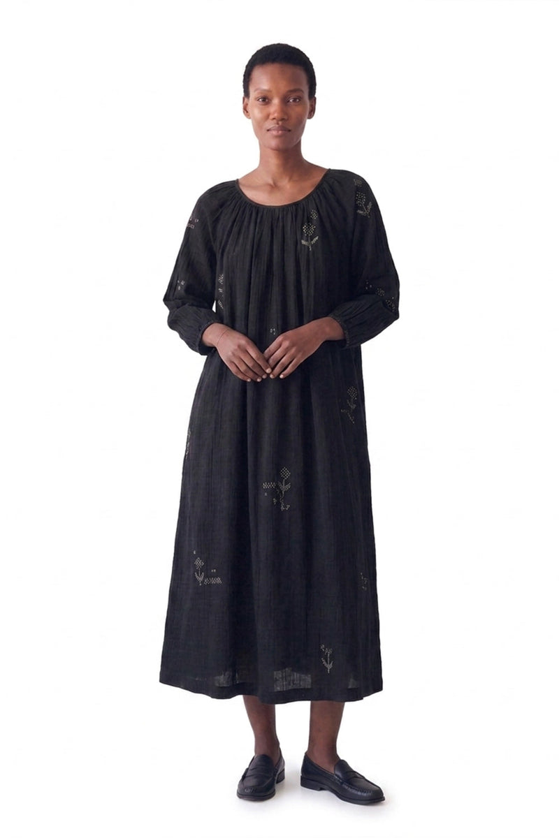The Scoop-Neck Gathered Dress-Black cotton jamdani dress by World of Crow in black for women in Singapore