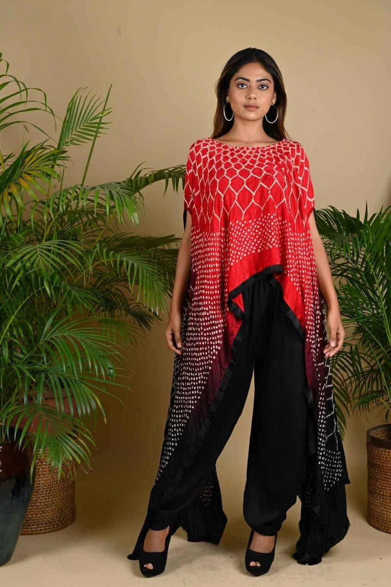FRINGE CAPE-RED BLACK SHADED silk by Dyelogue in red color for women in Singapore