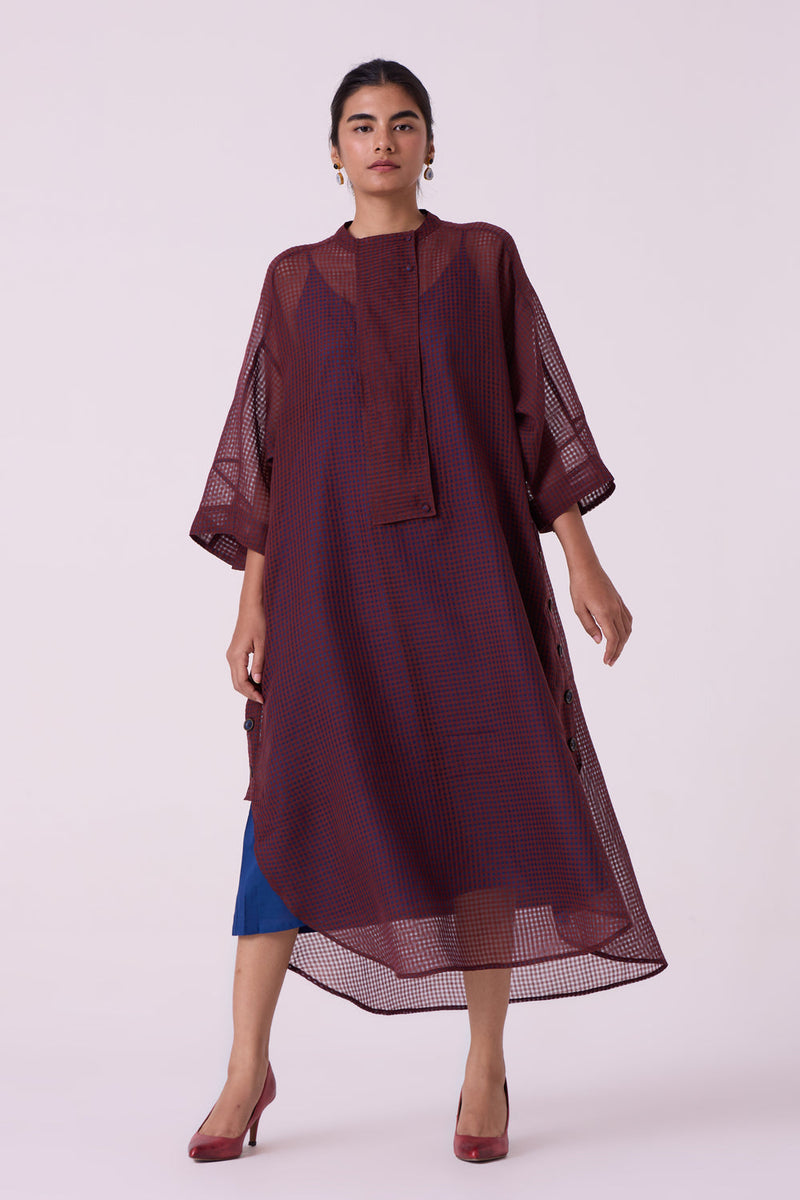 Fosco Blue Checkered HandwovenTunic handwoven silk cotton tunics/kaftan by The Summer House in blue for women in Singapore