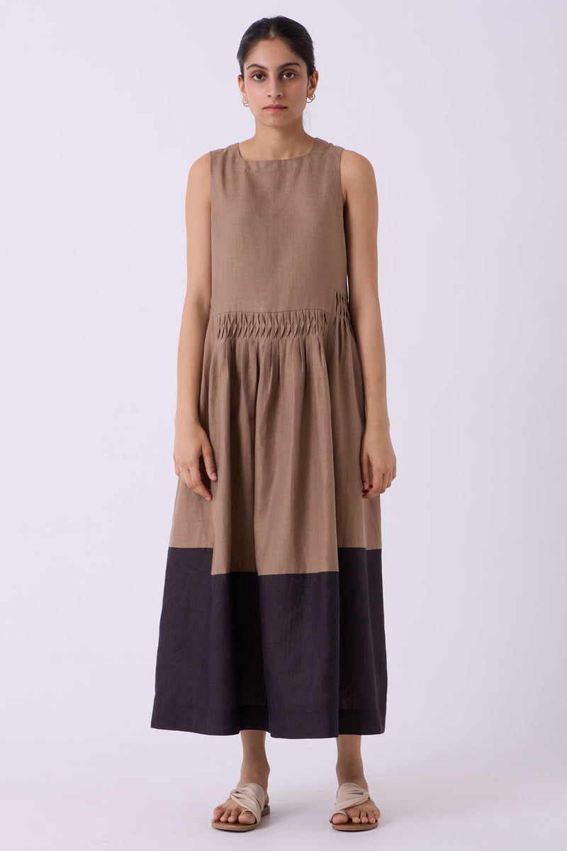 Sumi Brown Colourblocked Linen Midi Dress linen dress by The Summer House in brown for women in Singapore