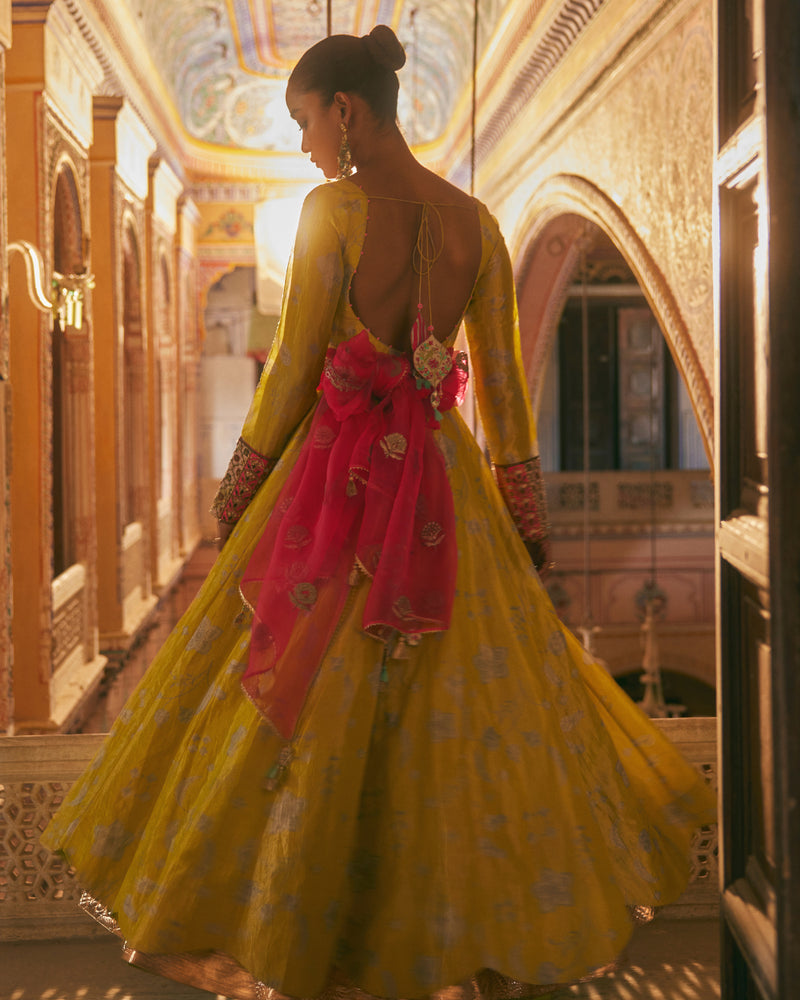 Khel Yellow Printed Tissue Anarkali silk by Rajiramniq in multi color for women in Singapore