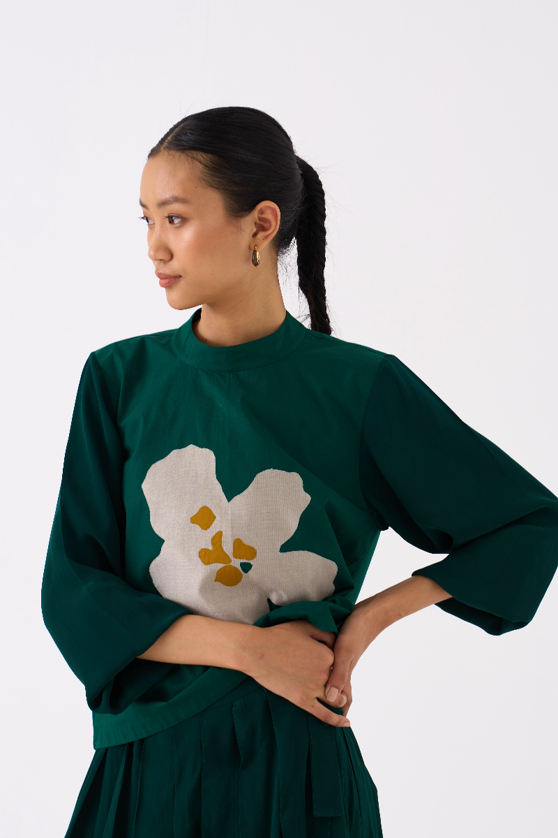 FLORAL APPLIQUE TOP CO-ORD 
(SET OF 2)-DARK GREEN poplin by THREE in green color for women in Singapore