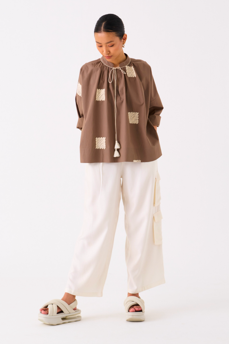 WAVE EMB. TOP-CEDAR poplin by THREE for women in Singapore