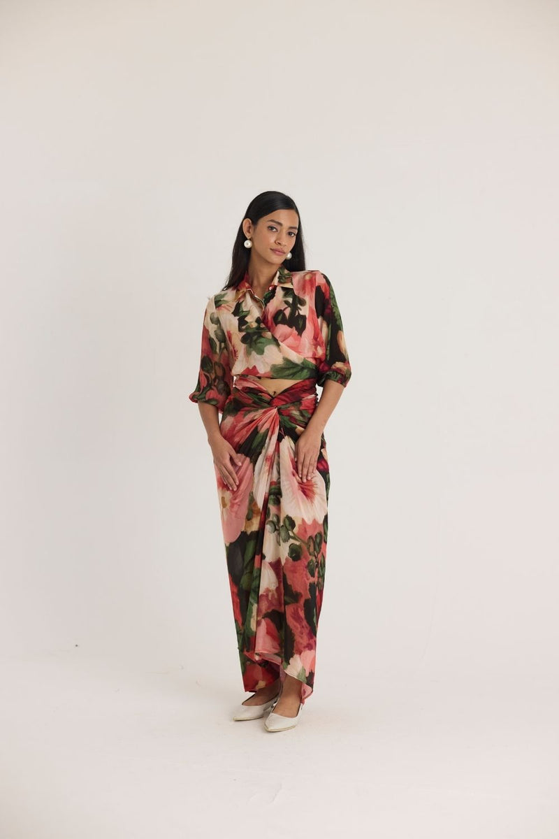 SCARLETT TIE-UP TOP & SKIRT SET mul by Yam in multi color for women in Singapore
