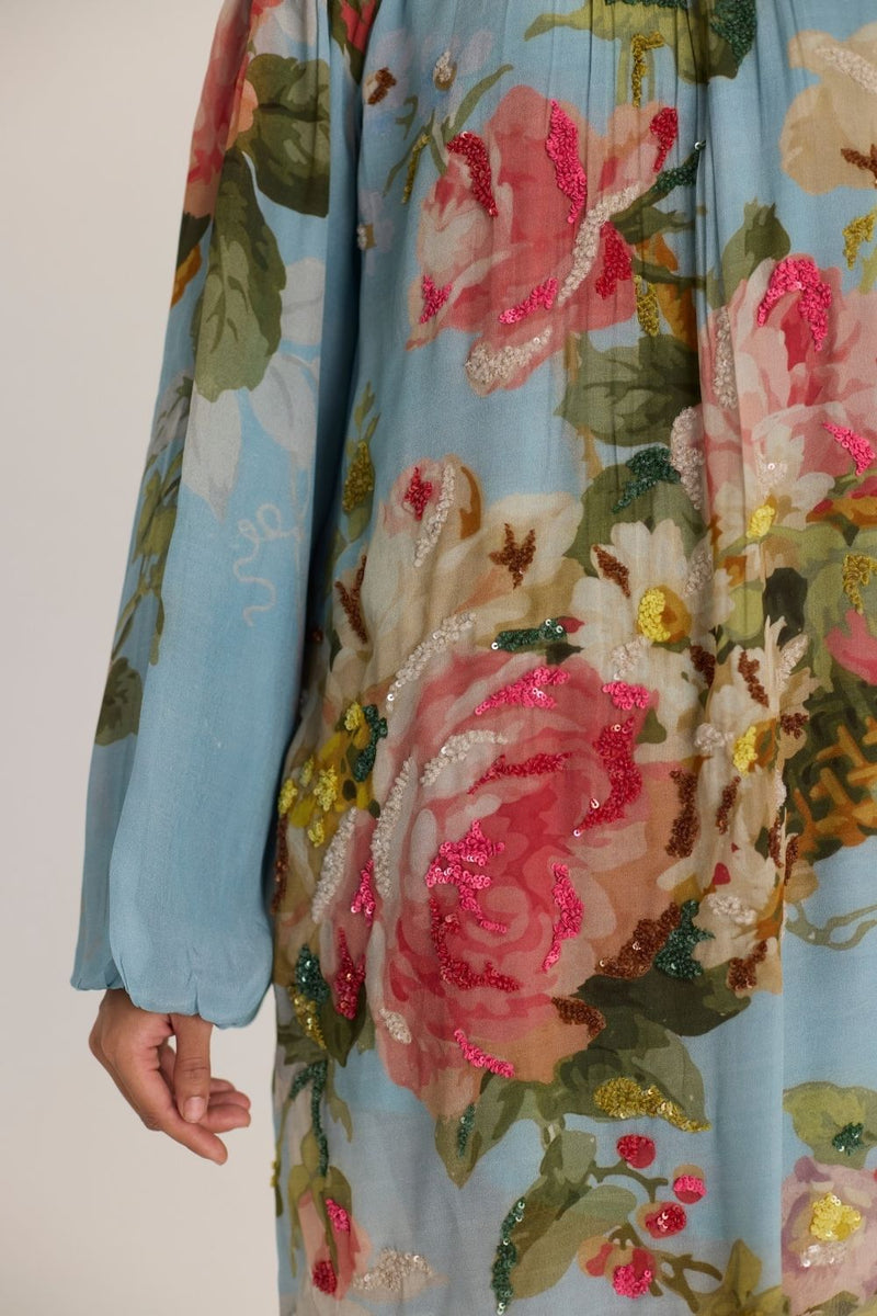 TAFFY EMBROIDERED SHORT DRESS by Yam in blue color for women in Singapore