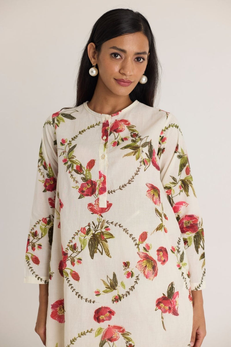 ROSITA COTTON SHORT KURTA SET by Yam in white color for women in Singapore