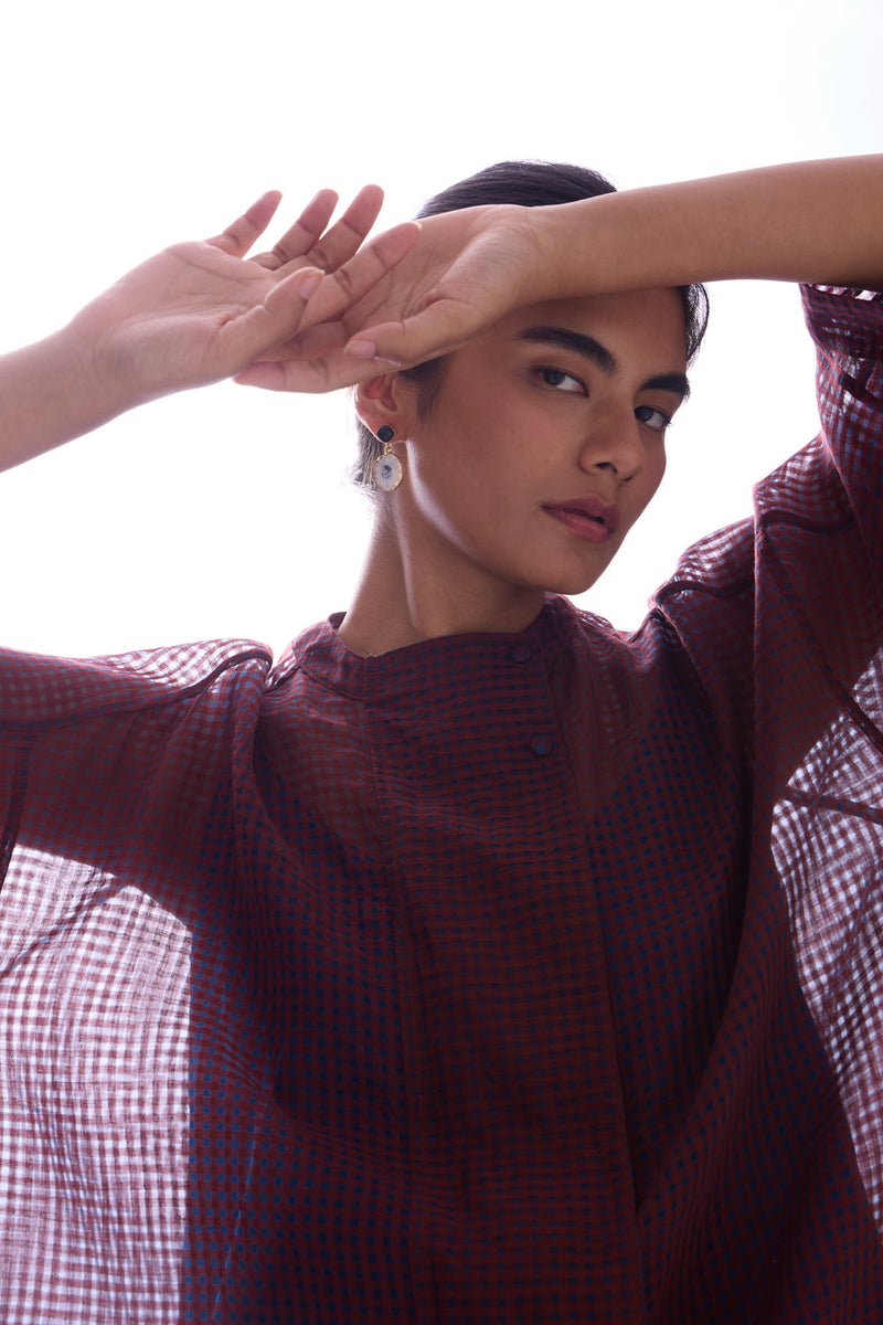 Fosco Blue Checkered HandwovenTunic handwoven silk cotton tunics/kaftan by The Summer House in blue for women in Singapore