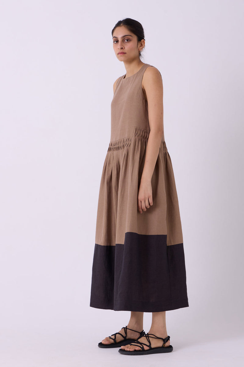 Sumi Brown Colourblocked Linen Midi Dress linen dress by The Summer House in brown for women in Singapore