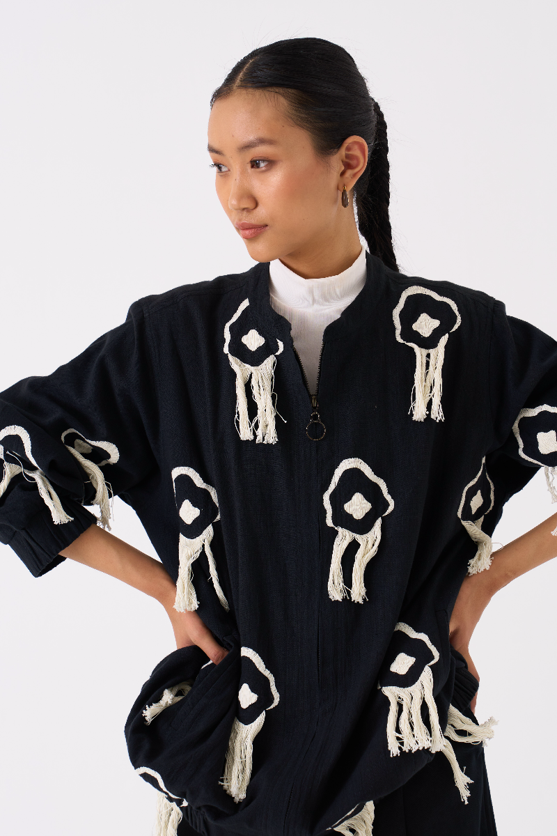 FRINGE BOMBER JACKET CO-ORD 
(SET OF 2)-BLACK by THREE in black color for women in Singapore