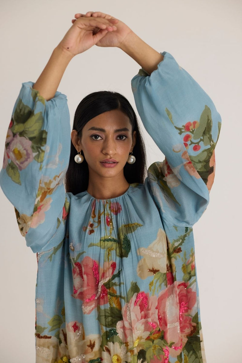 TAFFY EMBROIDERED SHORT DRESS by Yam in blue color for women in Singapore