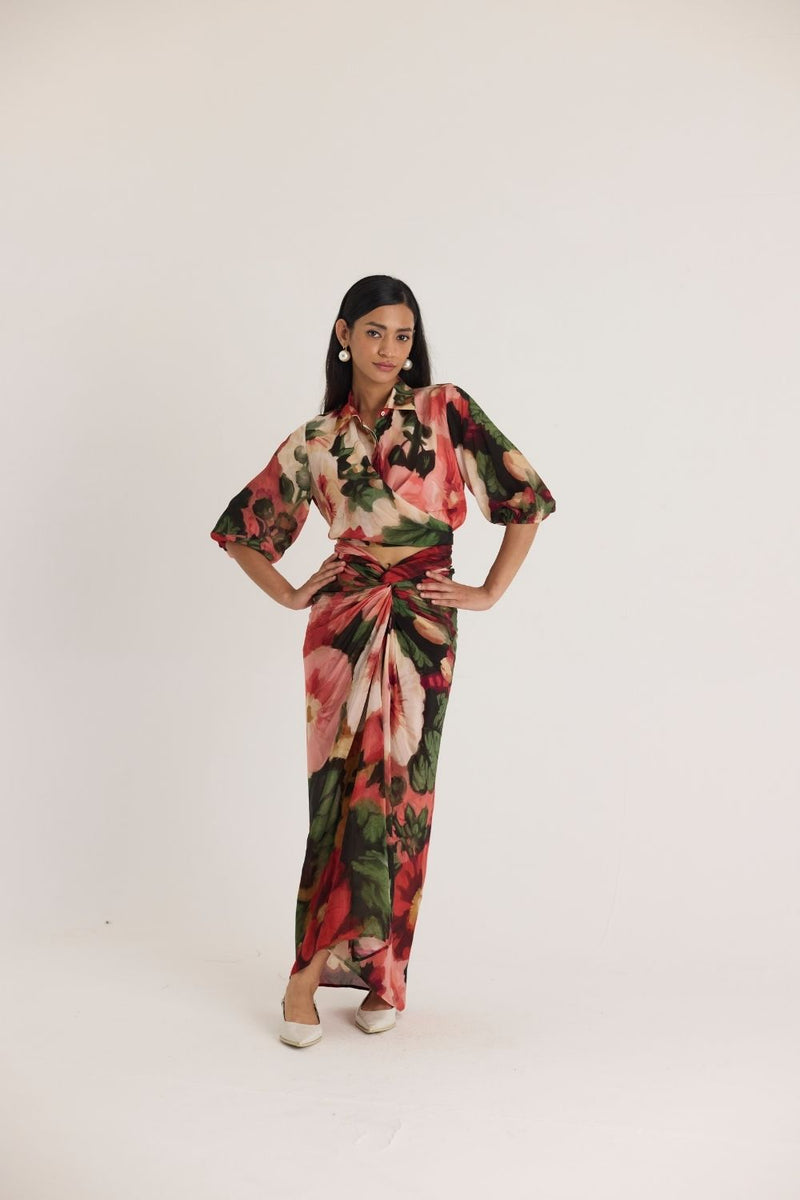 SCARLETT TIE-UP TOP & SKIRT SET mul by Yam in multi color for women in Singapore