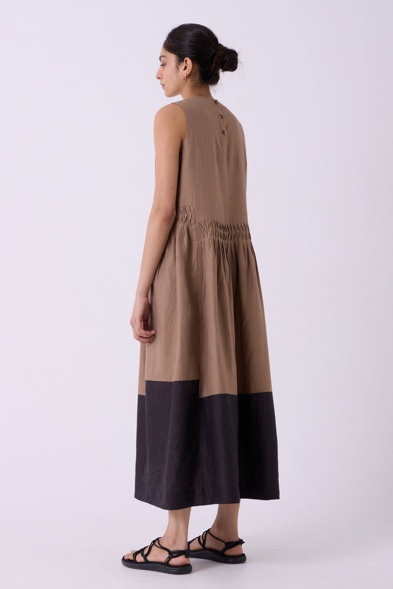 Sumi Brown Colourblocked Linen Midi Dress linen dress by The Summer House in brown for women in Singapore