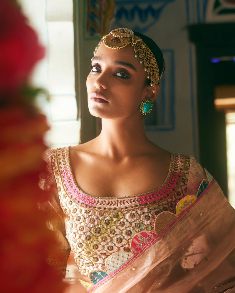 Khel Nude Pink Pearl Sprinkle Tissue Saree organza by Rajiramniq in pink color for women in Singapore