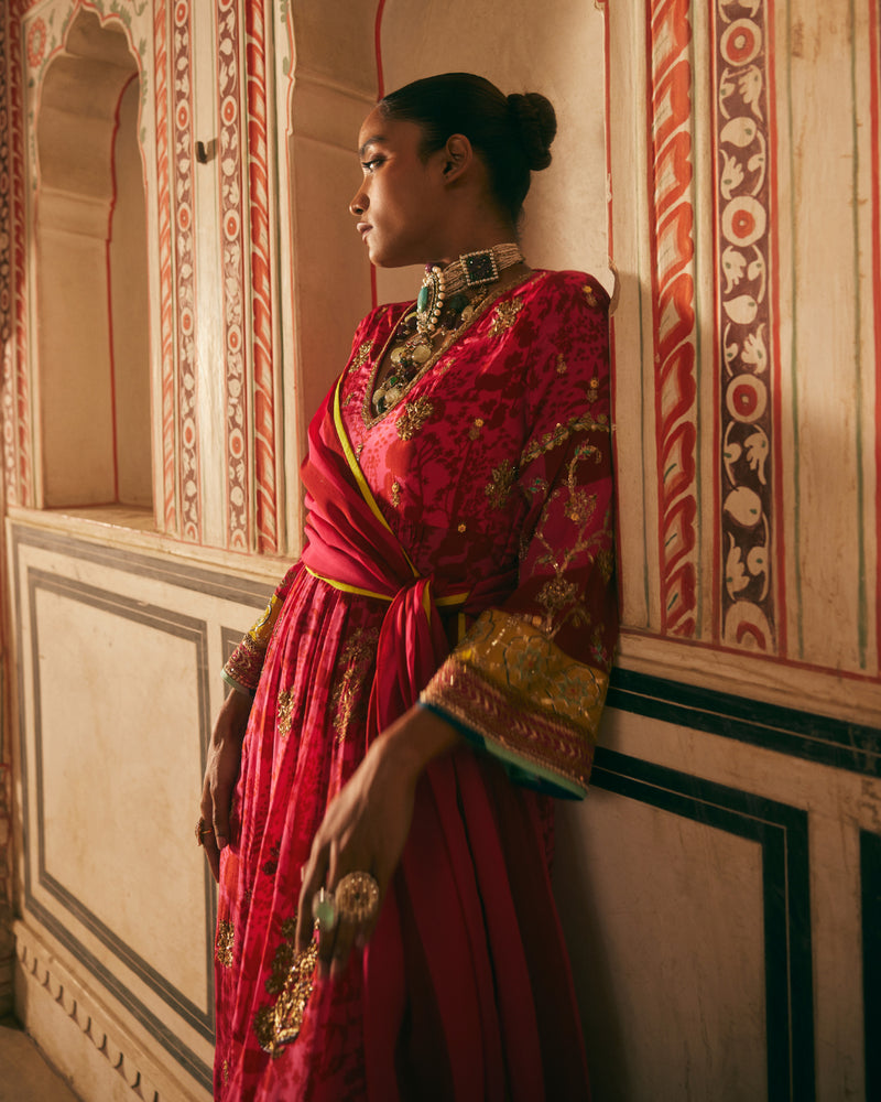Khel Hot Pink Red Shadow Print Front Puckering Kurta Set mul by Rajiramniq in multi color for women in Singapore