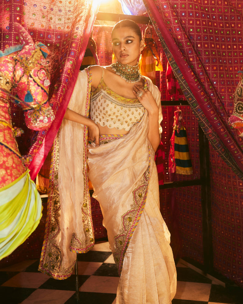 Khel Ivory Tissue Saree silk by Rajiramniq in ivory color for women in Singapore