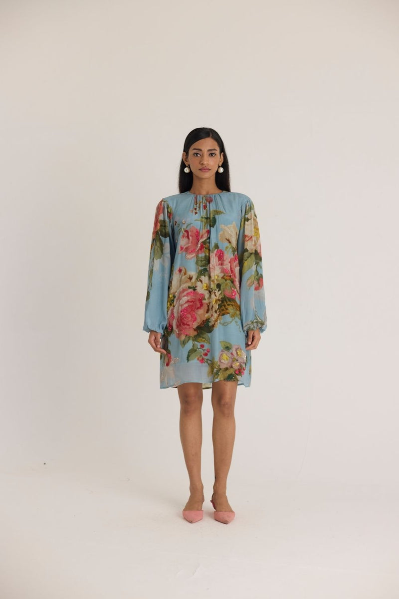 TAFFY EMBROIDERED SHORT DRESS by Yam in blue color for women in Singapore