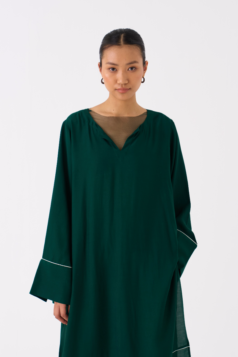 V-NECK KAFTAN- DARK GREEN bemberg by THREE in green color for women in Singapore