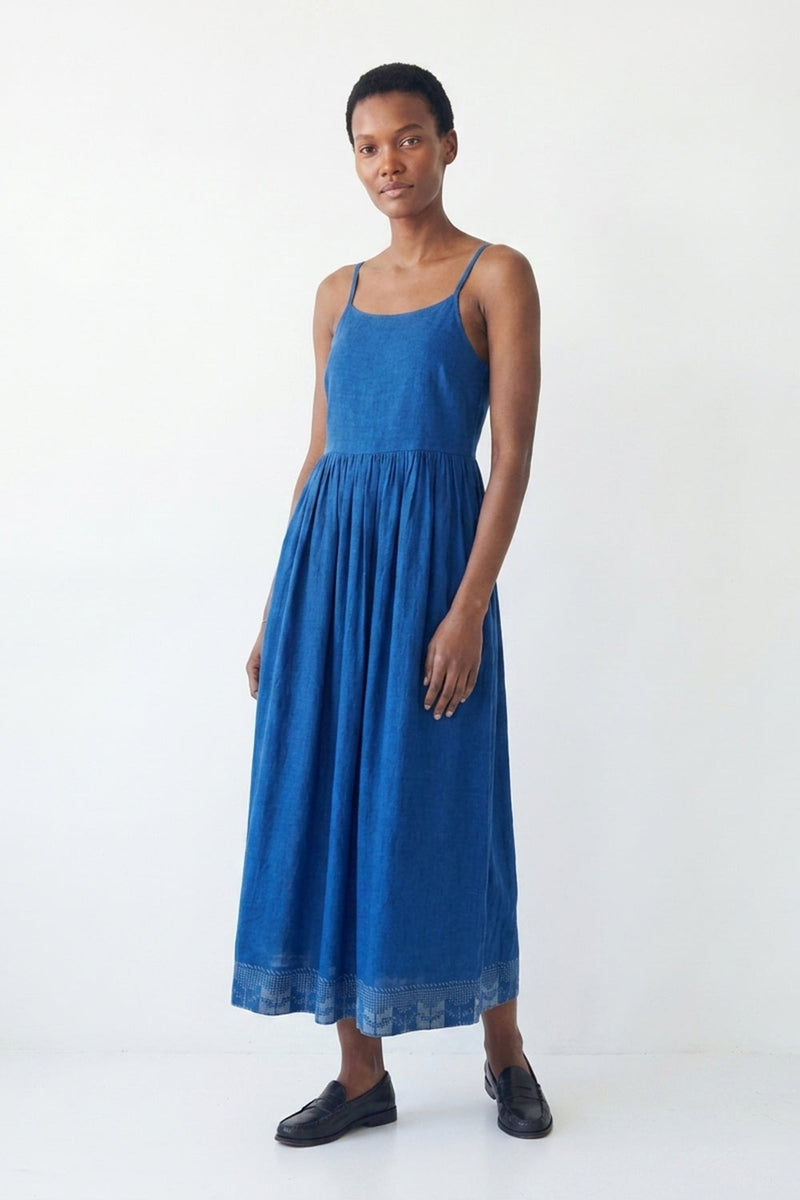 The Block Bloom Midi Dress-Cobalt Blue cotton jamdani dress by World of Crow in blue for women in Singapore