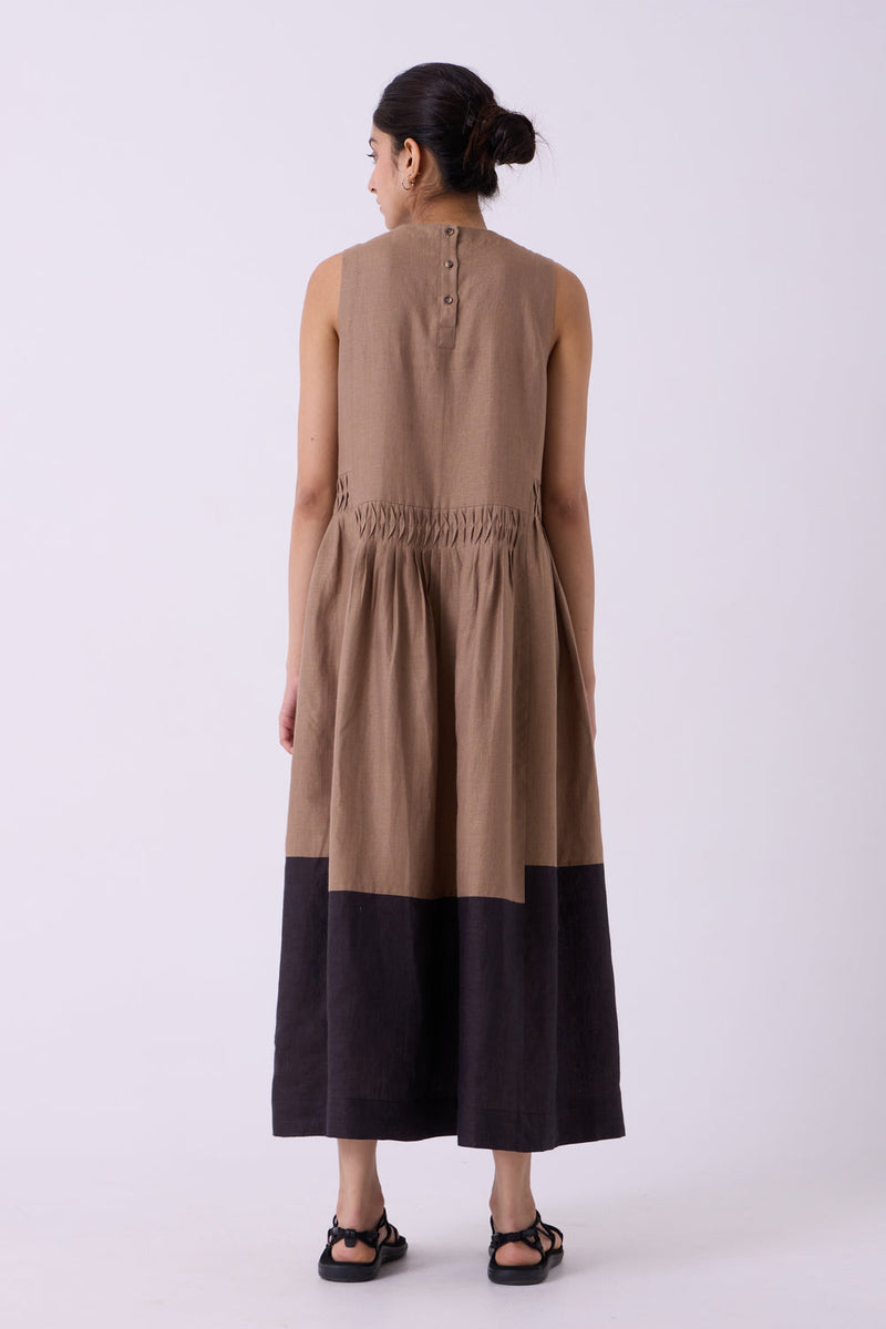 Sumi Brown Colourblocked Linen Midi Dress linen dress by The Summer House in brown for women in Singapore