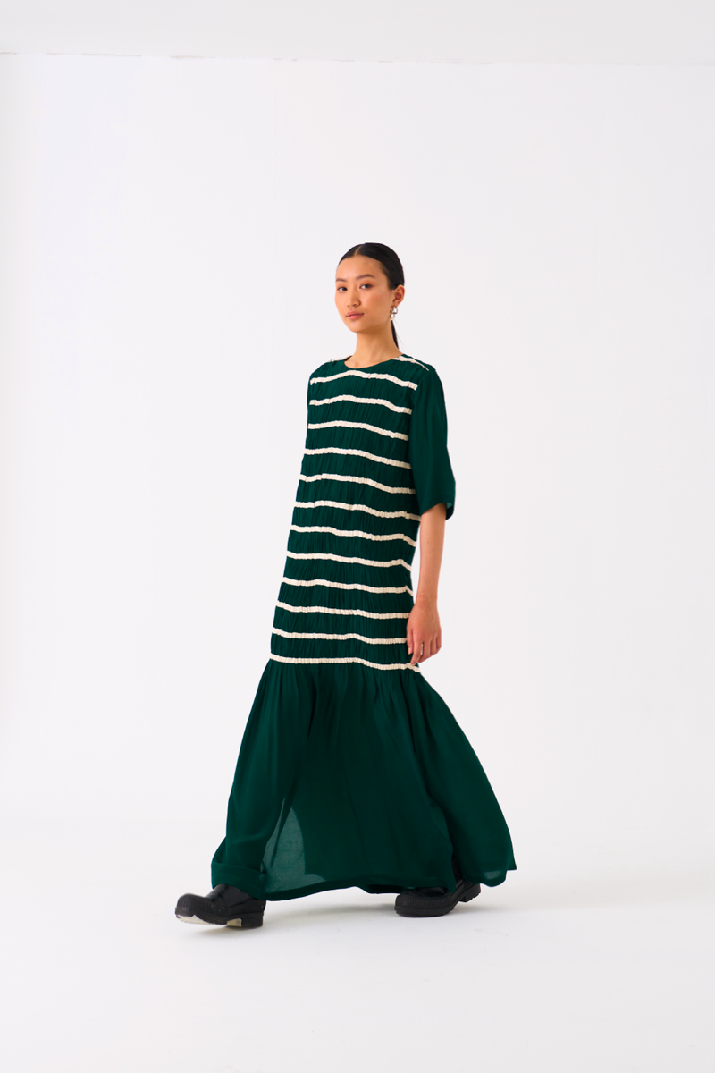 SHIRRING DRESS-GREEN by THREE in green color for women in Singapore