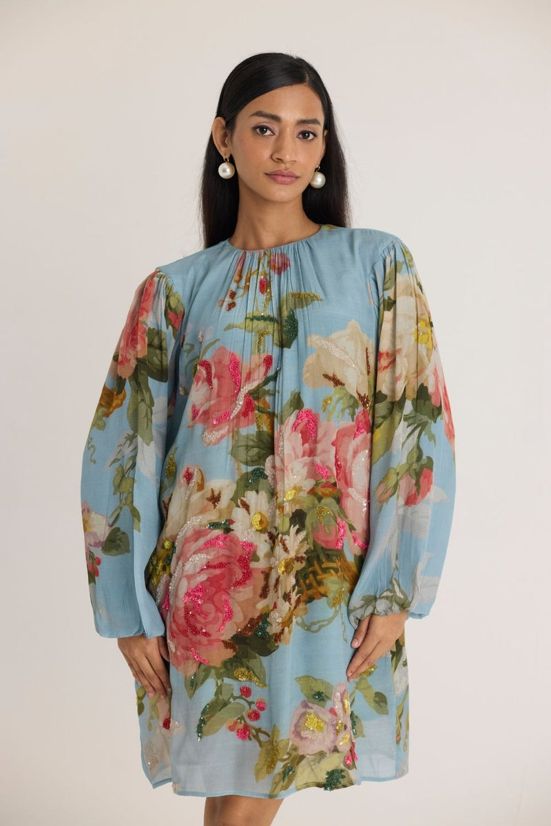 TAFFY EMBROIDERED SHORT DRESS by Yam in blue color for women in Singapore