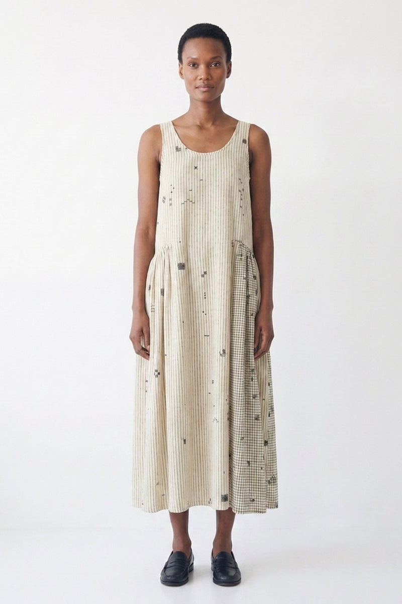 Desert Rhythm Midi Dress-Fine stripe cotton jamdani dress by World of Crow in white for women in Singapore