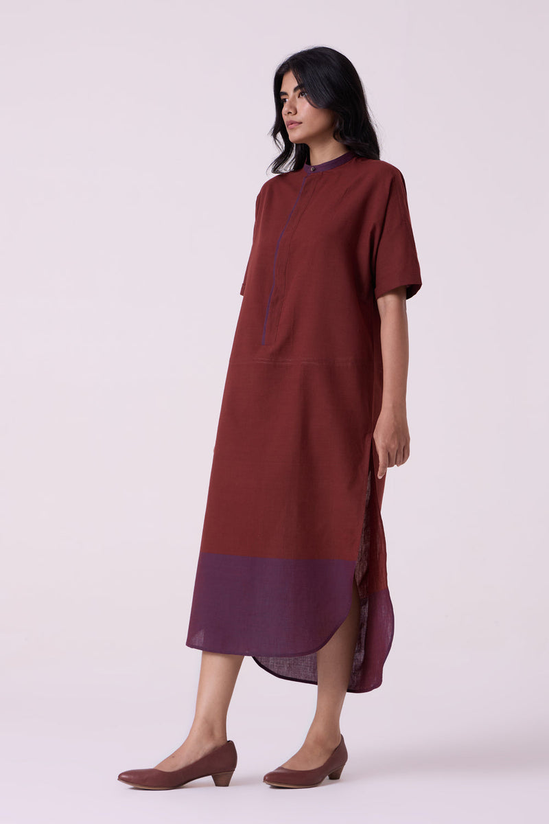 Hane Brown Colourblocked HandwovenTunic handwoven cotton tunics/kaftan by The Summer House in brown for women in Singapore