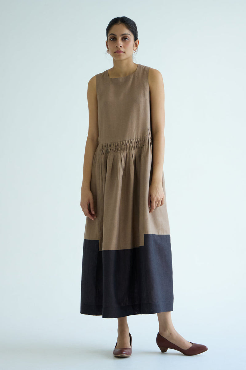 Sumi Brown Colourblocked Linen Midi Dress linen dress by The Summer House in brown for women in Singapore