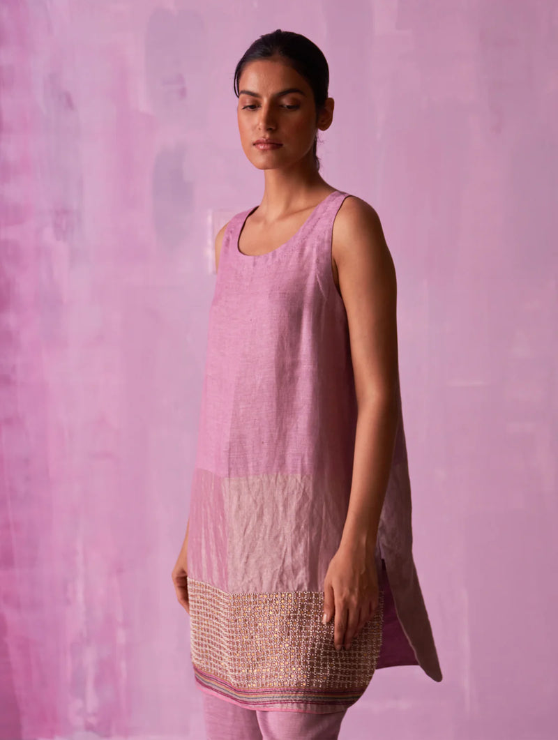 Irum Hand-Embroidered Sleeveless Kurta - Lavender linen by Manan for women in Singapore