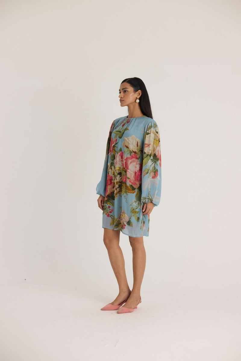 TAFFY EMBROIDERED SHORT DRESS by Yam in blue color for women in Singapore