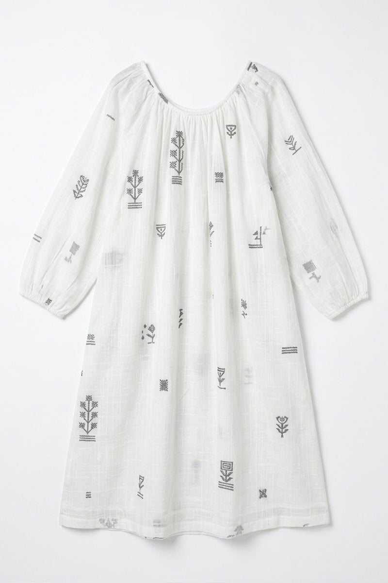 The Scoop-Neck Gathered Dress-White cotton jamdani dress by World of Crow in white for women in Singapore