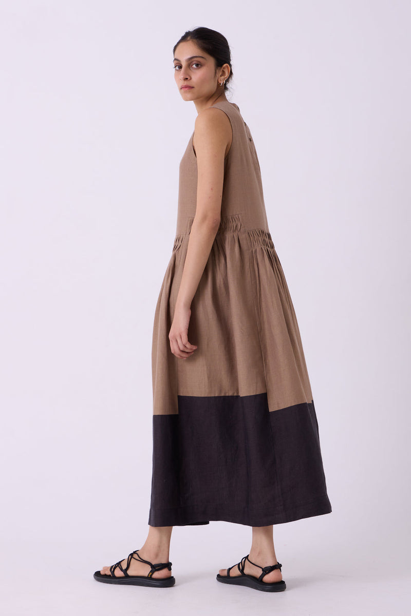 Sumi Brown Colourblocked Linen Midi Dress linen dress by The Summer House in brown for women in Singapore