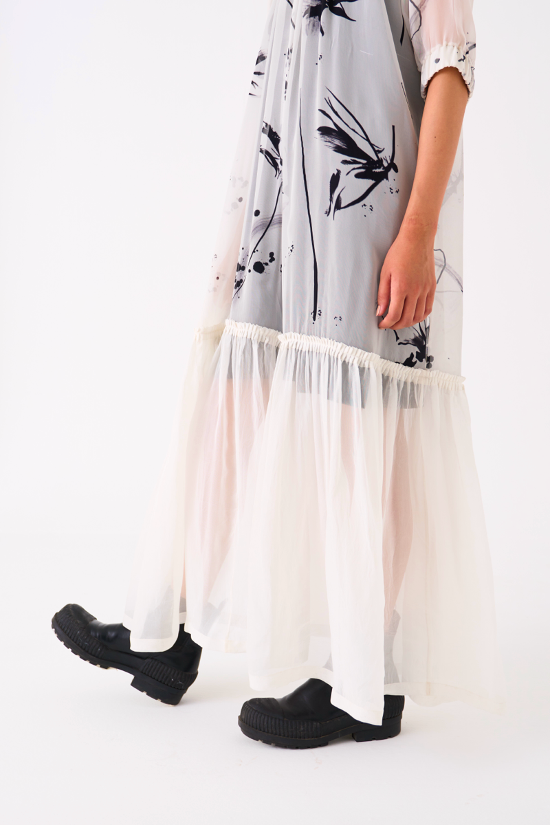 SHEER BOTTOM FRILL DRESS
-BLACK/WHITE organza by THREE in black color for women in Singapore
