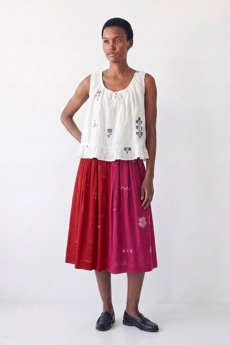 The Joy Skirt-Pink & Red cotton jamdani skirt by World of Crow in crimson red for women in Singapore