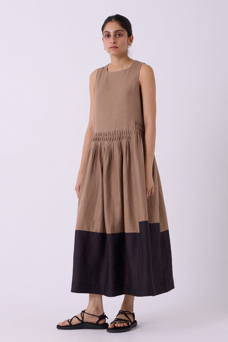 Sumi Brown Colourblocked Linen Midi Dress linen dress by The Summer House in brown for women in Singapore