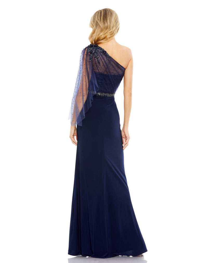 79392-Embellished One Shoulder Draped Gown by Mac Duggal in navy color for women in Singapore