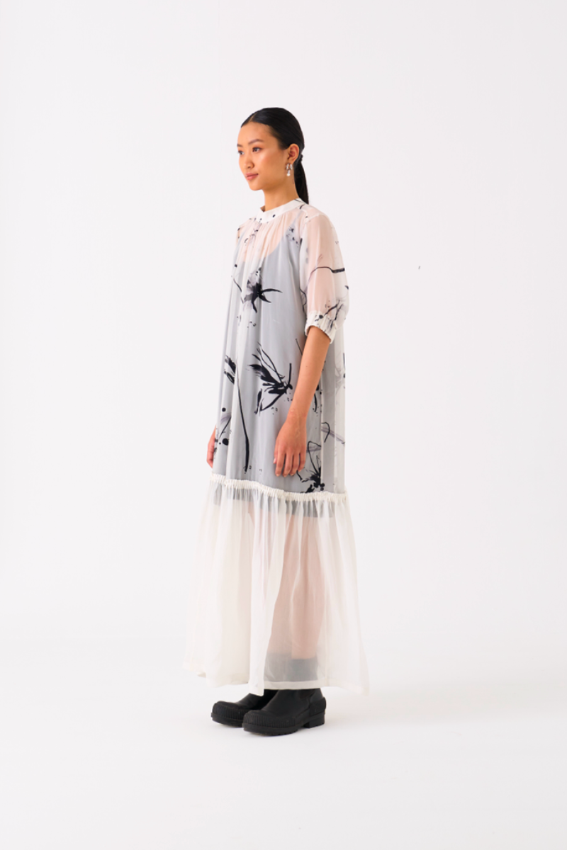 SHEER BOTTOM FRILL DRESS
-BLACK/WHITE organza by THREE in black color for women in Singapore