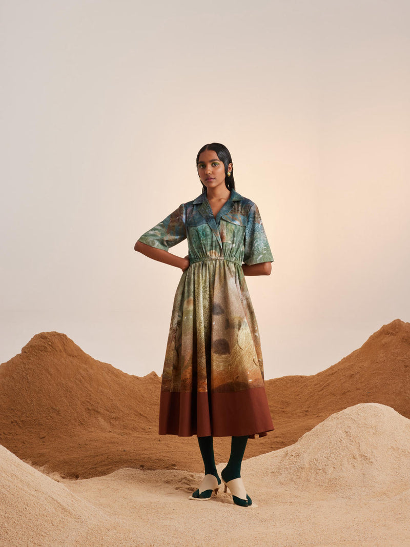 Print Blocked Dress-Underwater cotton Dress by CORD for women in Singapore
